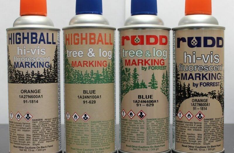 previous RUDD&reg; Tree & Log Marking Paint label vs. current HIGHBALL&reg; Tree Marking Paint label